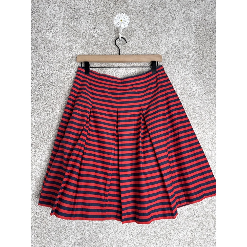 J‎ Crew Factory Flare Pleat Skirt Red & Navy Stripe Cotton Sz 4